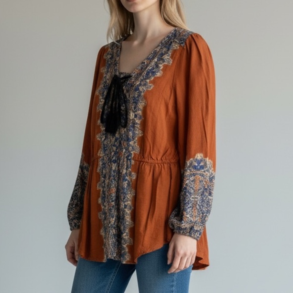 Free People Women's Orange Boho Top with Blue Accents size M